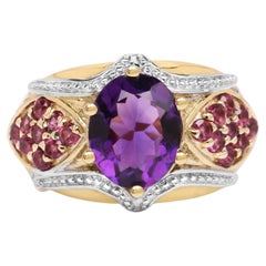 Amethyst Ring With Rhodolite Garnet 2.98 Carats Gold Plated Silver