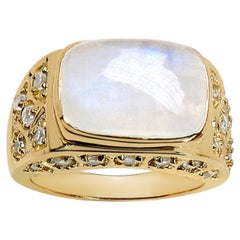 White Rainbow Moonstone Ring With White Topaz 8.02 Carats Gold Plated Silver