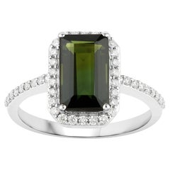 Green Tourmaline Ring With Diamonds 2.3 Carats 14K White Gold