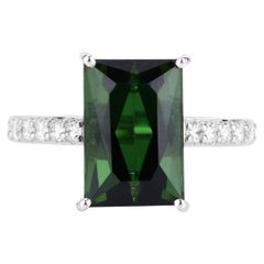 Green Tourmaline Ring With Diamonds 6.12 Carats 14K White Gold
