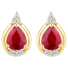 Ruby Stud Earrings With Diamonds 1.32 Carats 14K Yellow Gold