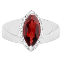 Marquise Cut Red Garnet Ring White Topaz Halo 2.07 Carats Total