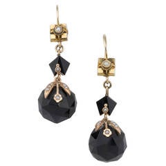 Unusual Onyx Pearl Gold Spherical Pendant Earrings
