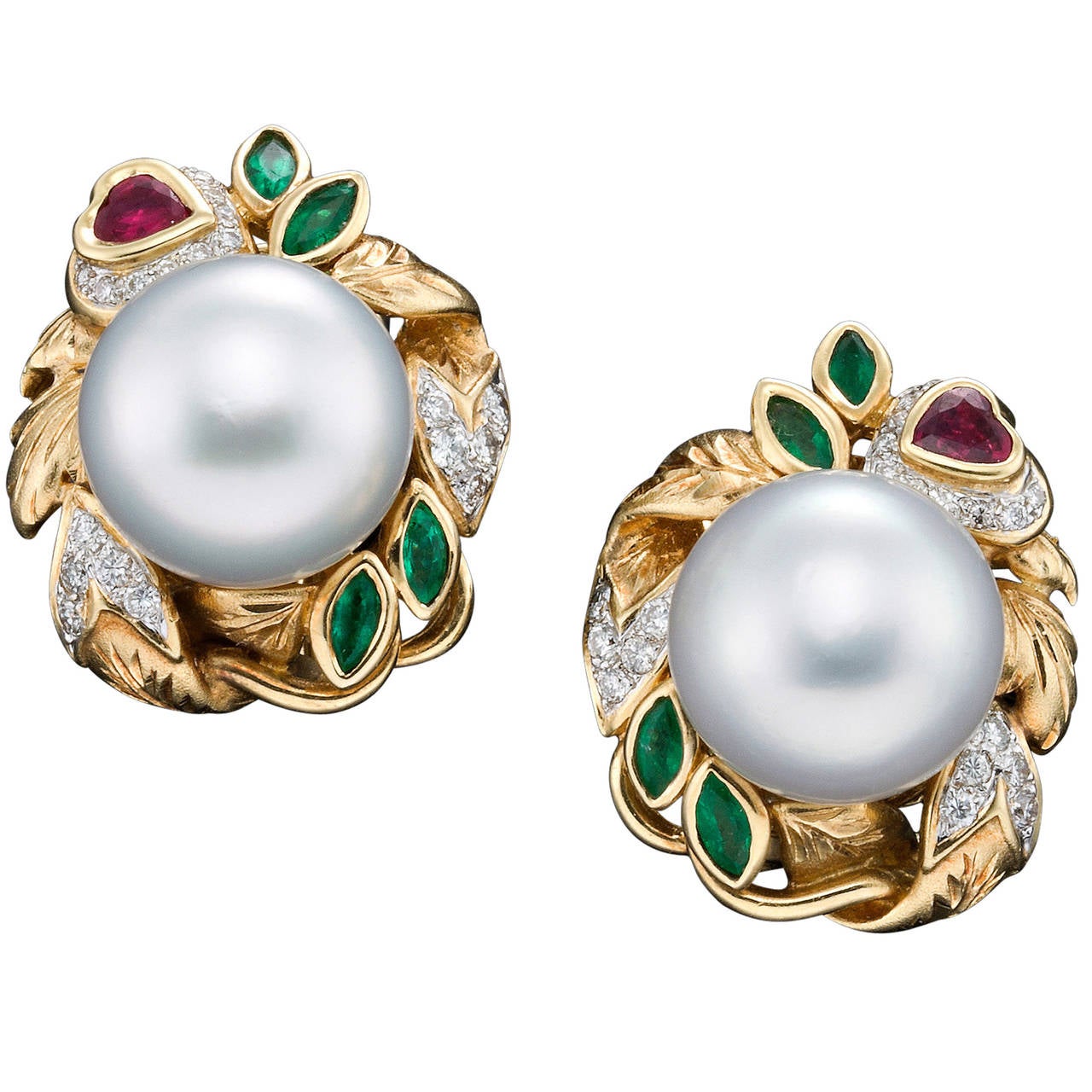 South Sea Pearl Multi-Gemstone Gold Leaf Motif Earrings