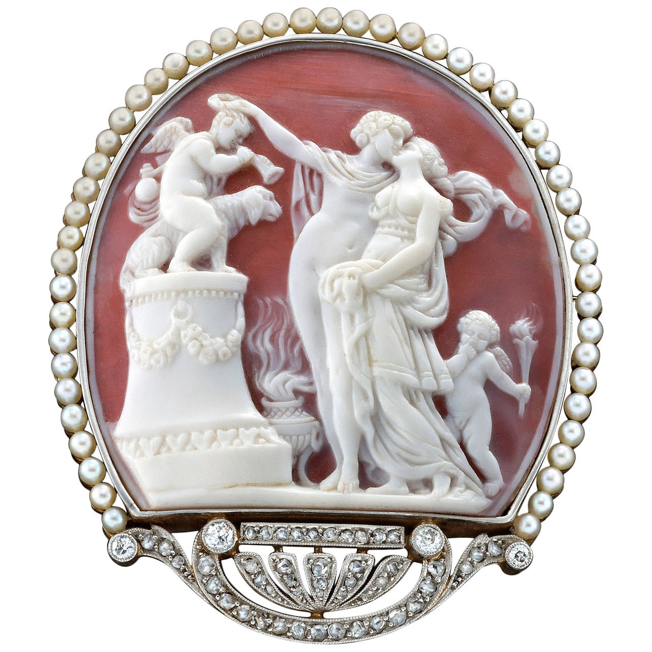 Unsurpassed Belle Epoque Pearl Diamond Cameo Brooch For Sale