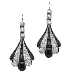 Transcendent Art Deco Onyx Diamond Gold Platinum Pendant Earrings