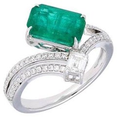 2.28 Cts Anillo de Diamantes Esmeralda Natural Radiante / Anillo de Oro Blanco Macizo de 18k