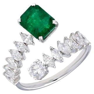 Natural Emerald Diamond Bypass Ring / Marquise Diamond 18k White Gold Ring