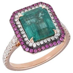 Natural emerald ruby diamond ring in 18k gold