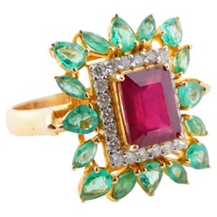 Natural emerald & ruby diamond ring in 14k gold