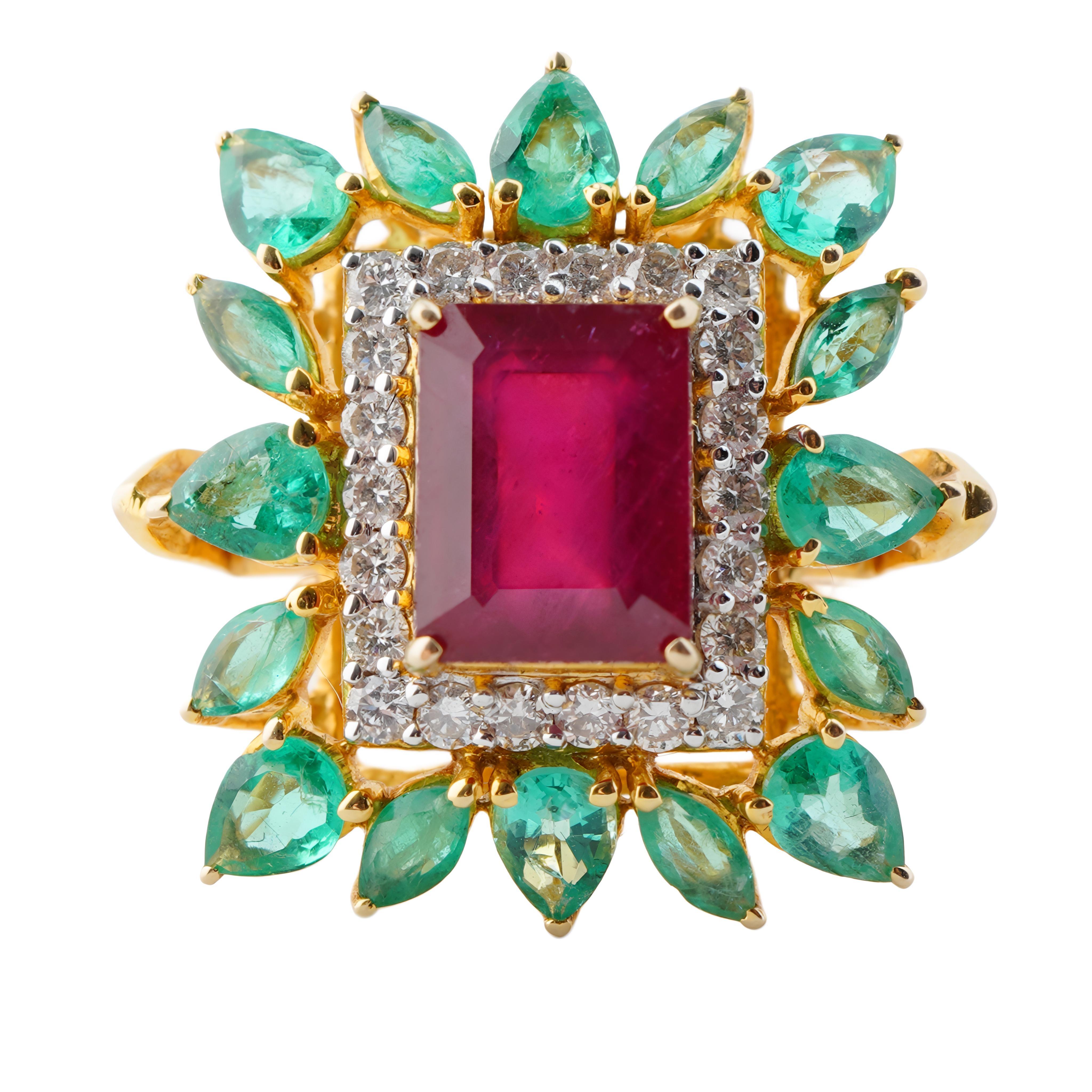 Natürlicher Smaragd & Rubin-Diamant-Ring aus 14k Gold im Zustand „Neu“ im Angebot in jaipur, IN