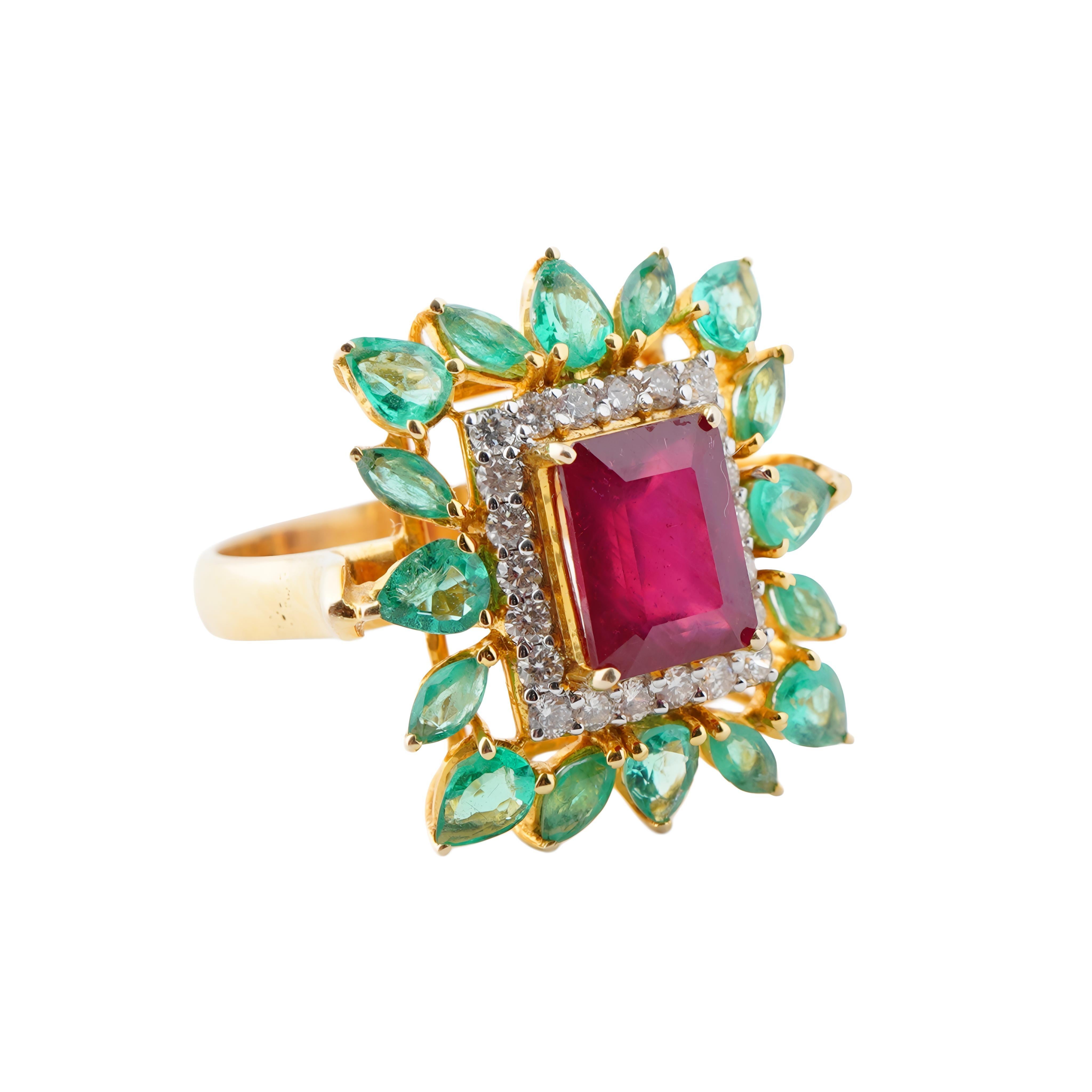 Natürlicher Smaragd & Rubin-Diamant-Ring aus 14k Gold Damen im Angebot