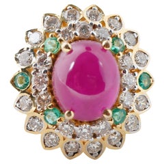Natural ruby emerald diamond ring in 14k gold