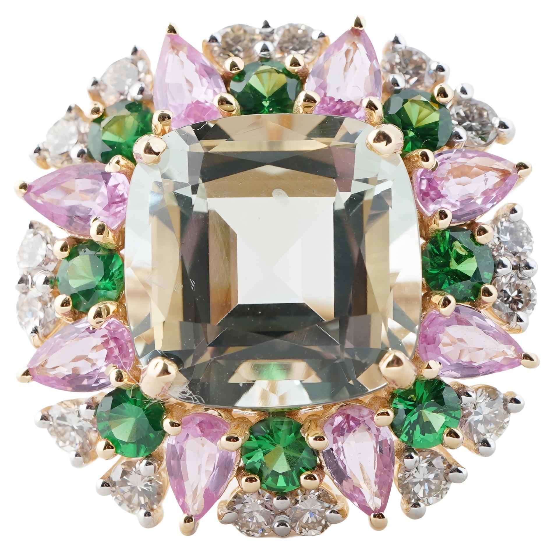 Bague en saphir rose naturel, tsavorite et diamant améthyste verte en or 14k