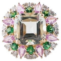 Bague en saphir rose naturel, tsavorite et diamant améthyste verte en or 14k