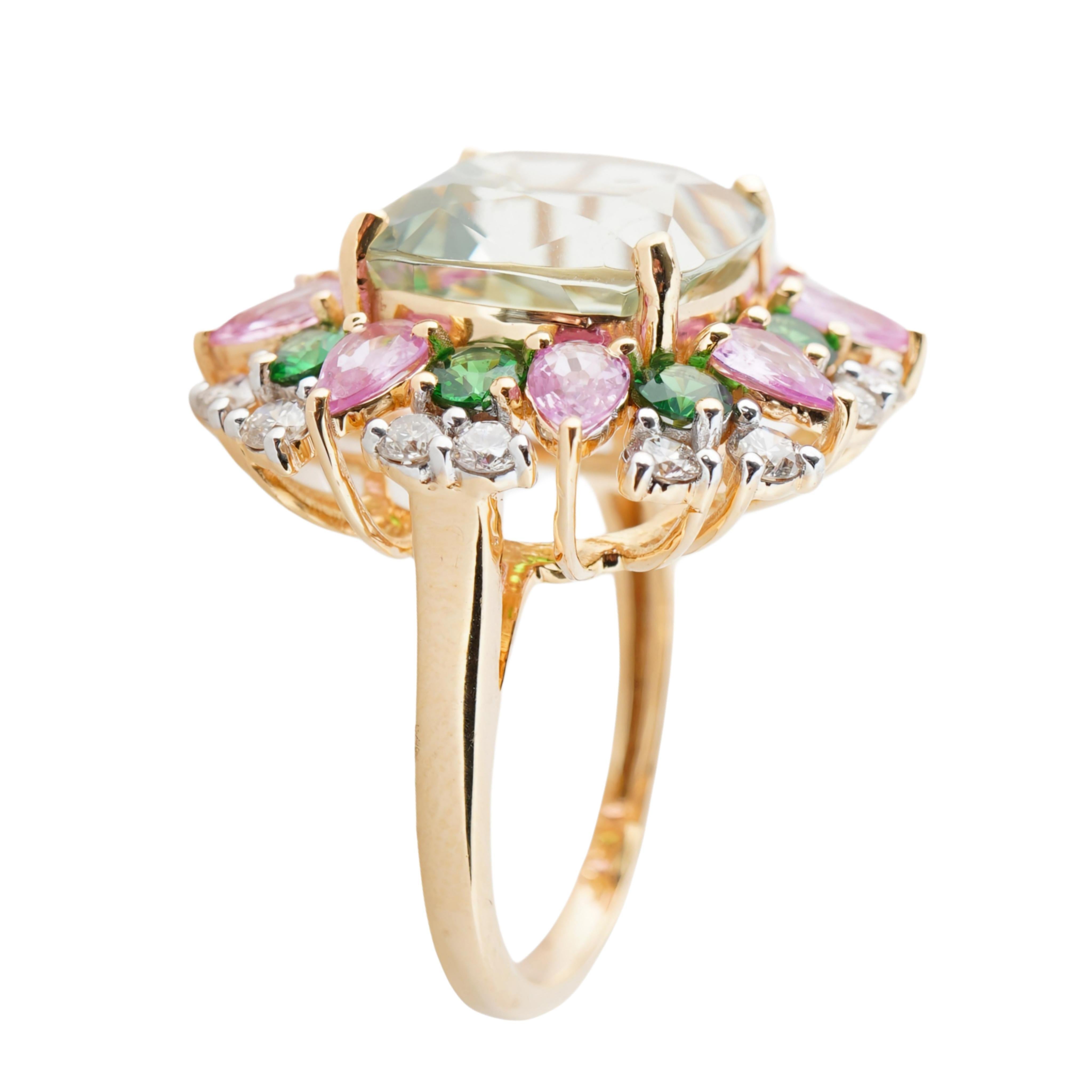 Ring aus natürlichem rosa Saphir, Tsavorit und grünem Amethyst in 14 Karat Gold (Asscher-Schliff) im Angebot