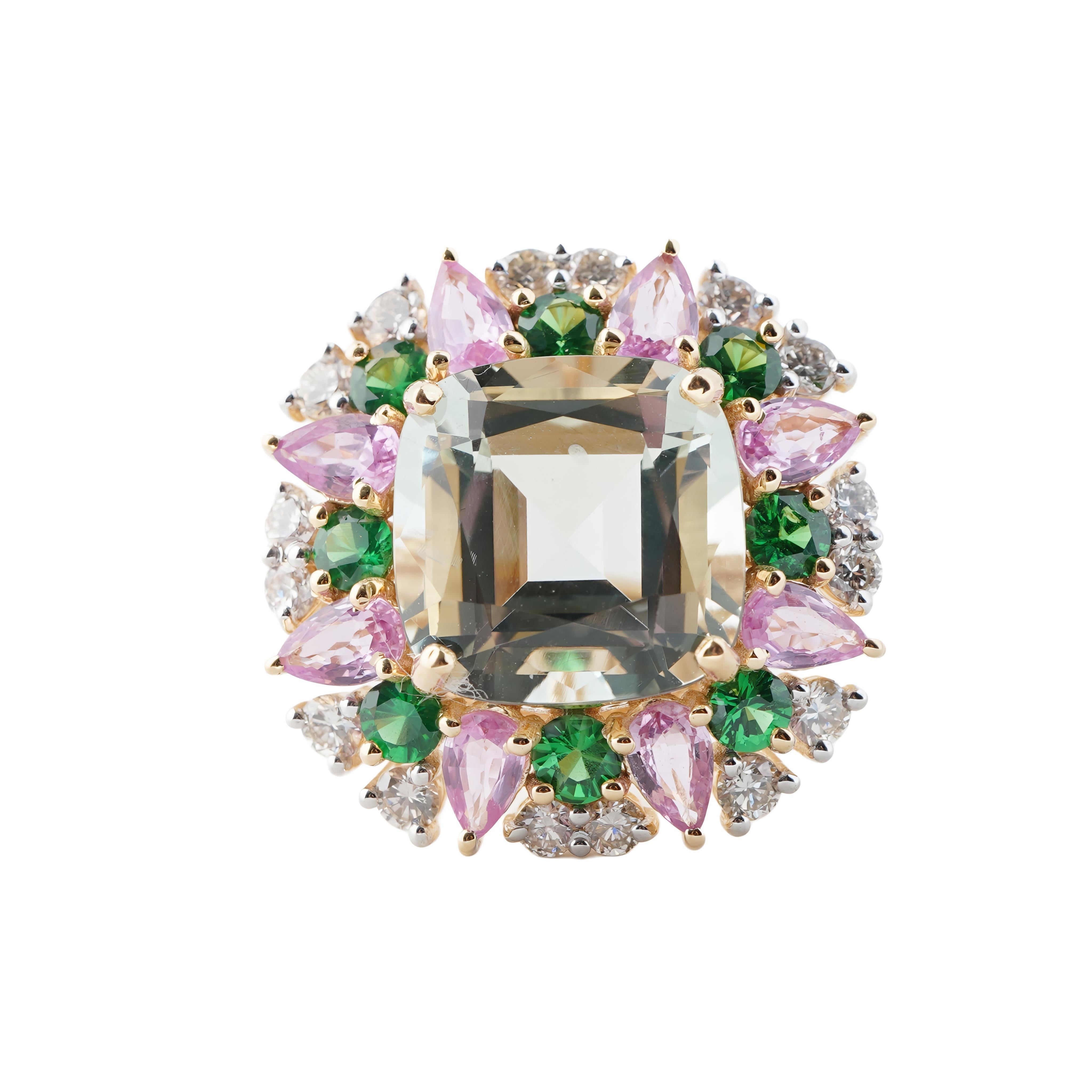 Ring aus natürlichem rosa Saphir, Tsavorit und grünem Amethyst in 14 Karat Gold Damen im Angebot