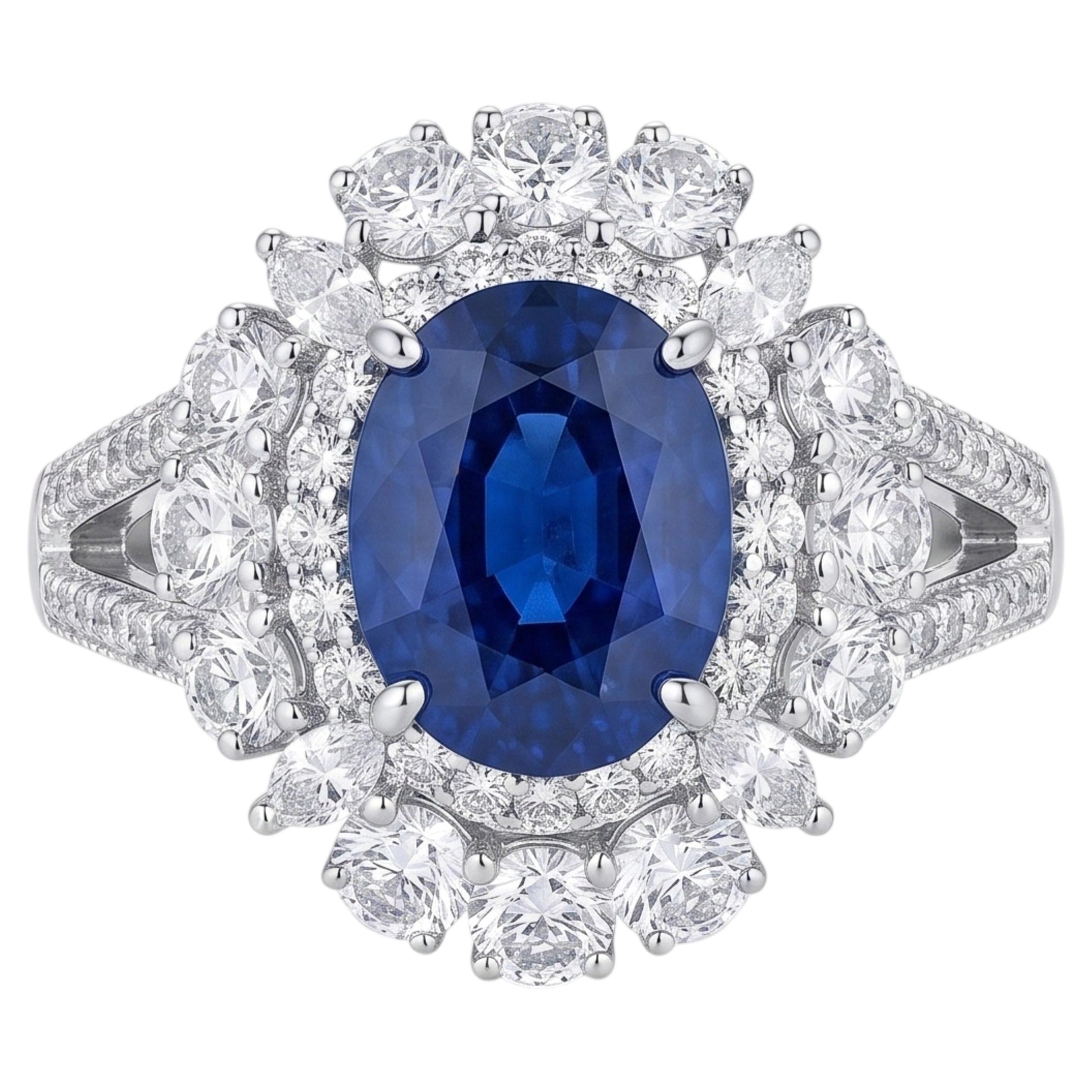 Natural Royal Blue Sapphire and Diamond Cluster Ring in 18k Gold For Sale