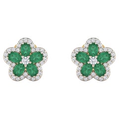 14K White Gold Emerald and Diamond Halo Earrings, 0.72ct & 0.28ct
