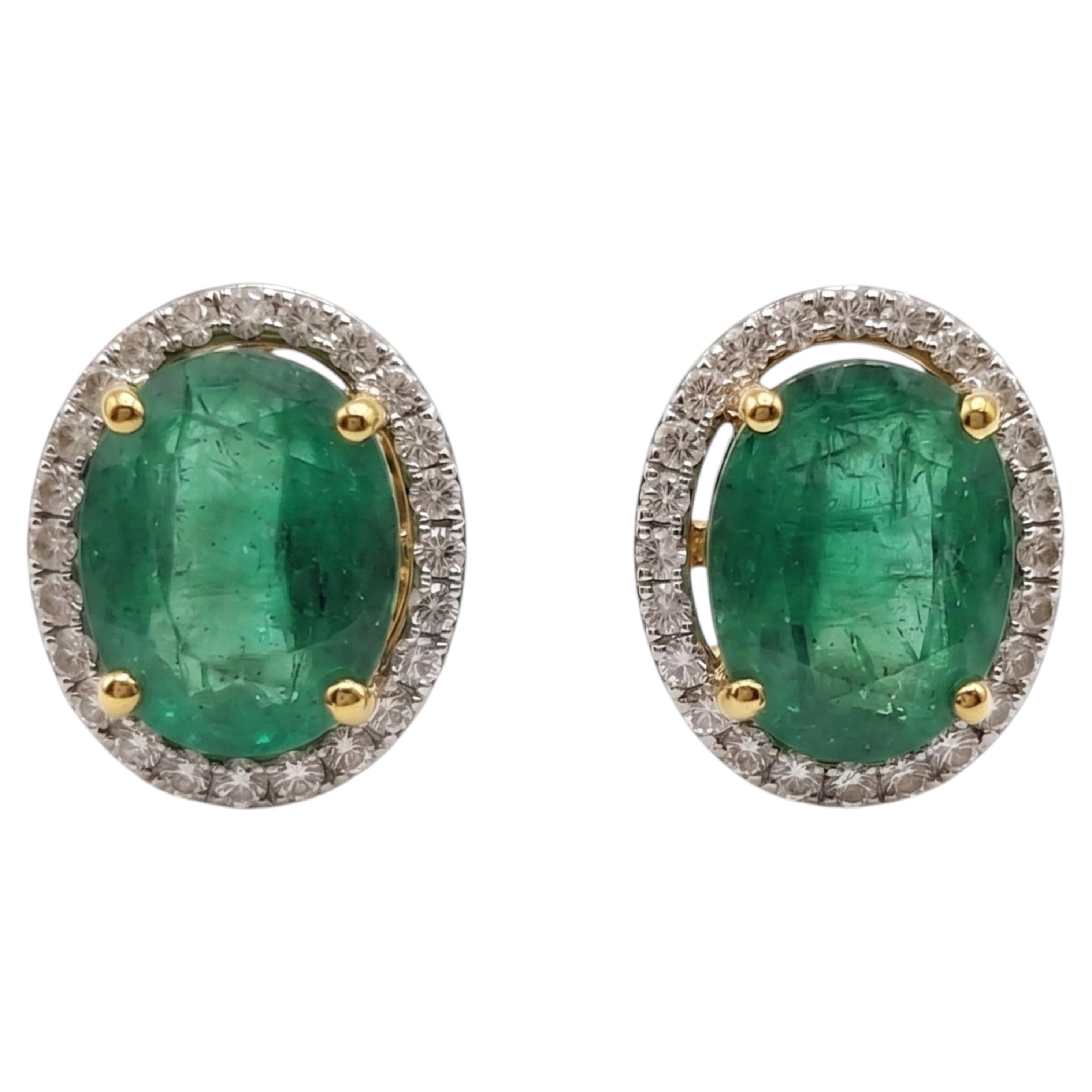 Designer 14K Gold Emerald and Diamond Halo Earrings, 7ct Emerald For Sale