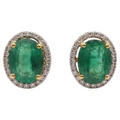Designer 14K Gold Emerald and Diamond Halo Earrings, 7ct Emerald