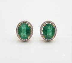 Designer 14K Gold Emerald and Diamond Halo Earrings, 7ct Emerald