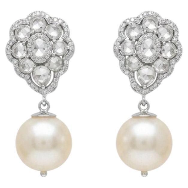 Orecchini a bottone di design in oro 14 carati con perla da 33,40 carati e diamanti da 1,83 carati