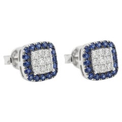 Pendientes de botón de oro natural de 18 quilates con diamantes y zafiro azul de 0,40 ct