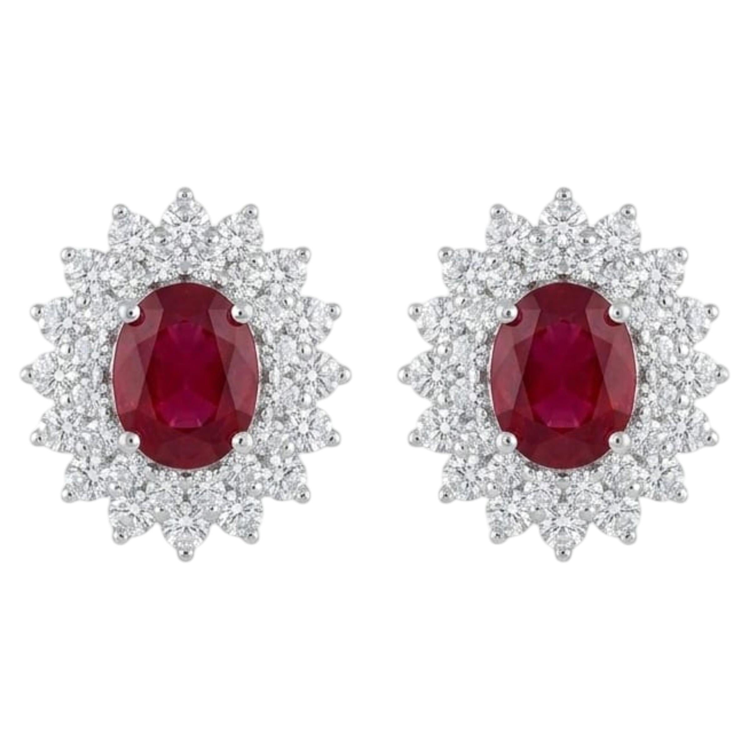 18K Gold Diamond 1.93ct & Ruby 1.95ct Stud Earrings, New Design