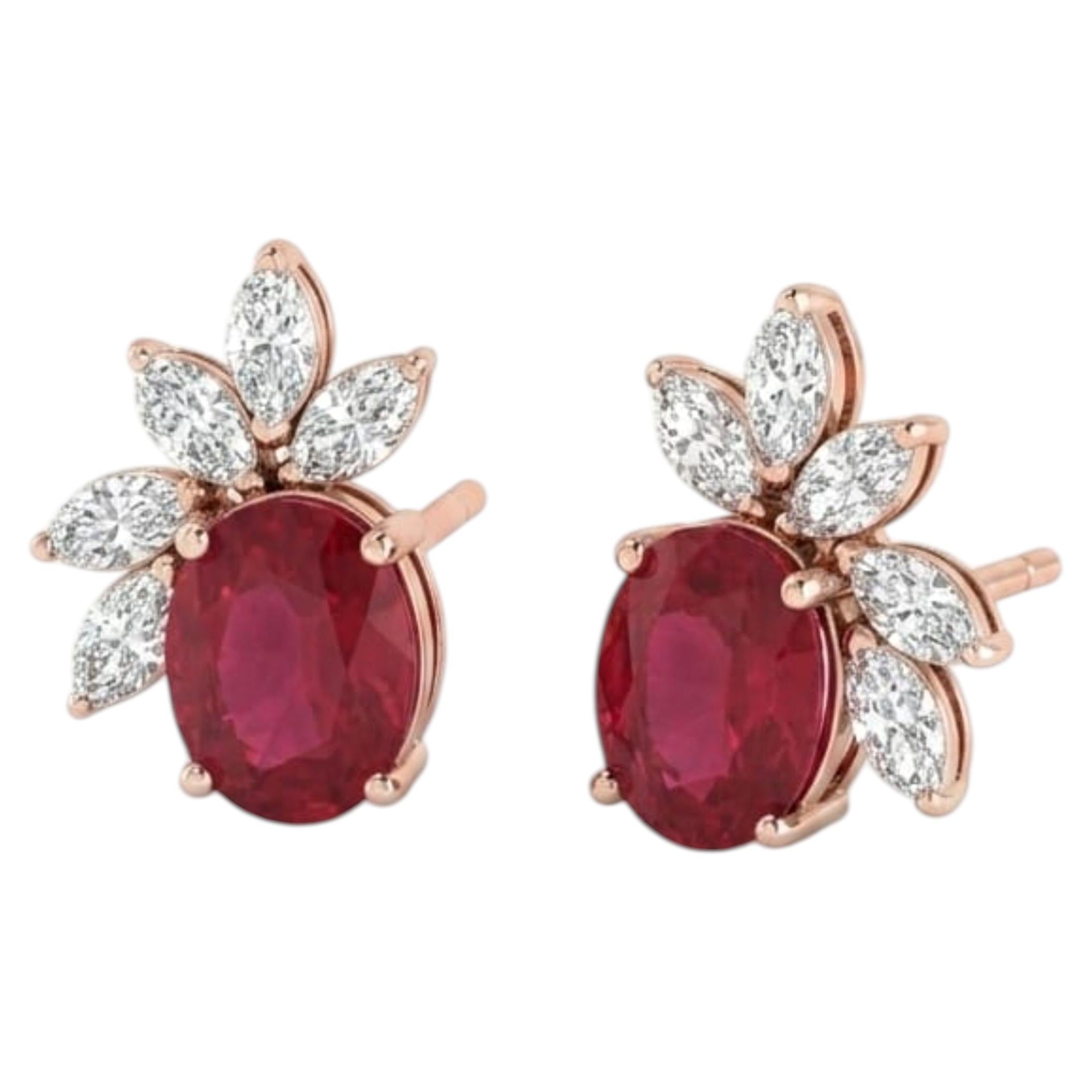 18K Gold Diamond 0.59ct Ruby Stud Earrings, New For Sale