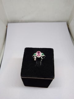 Natural 18K Gold Diamond Halo Ring with Pink Sapphire & Emerald, New