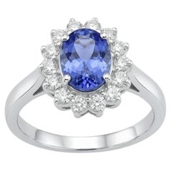 Natural 18K Gold Blue Sapphire and Diamond Halo Ring, 0.90ct