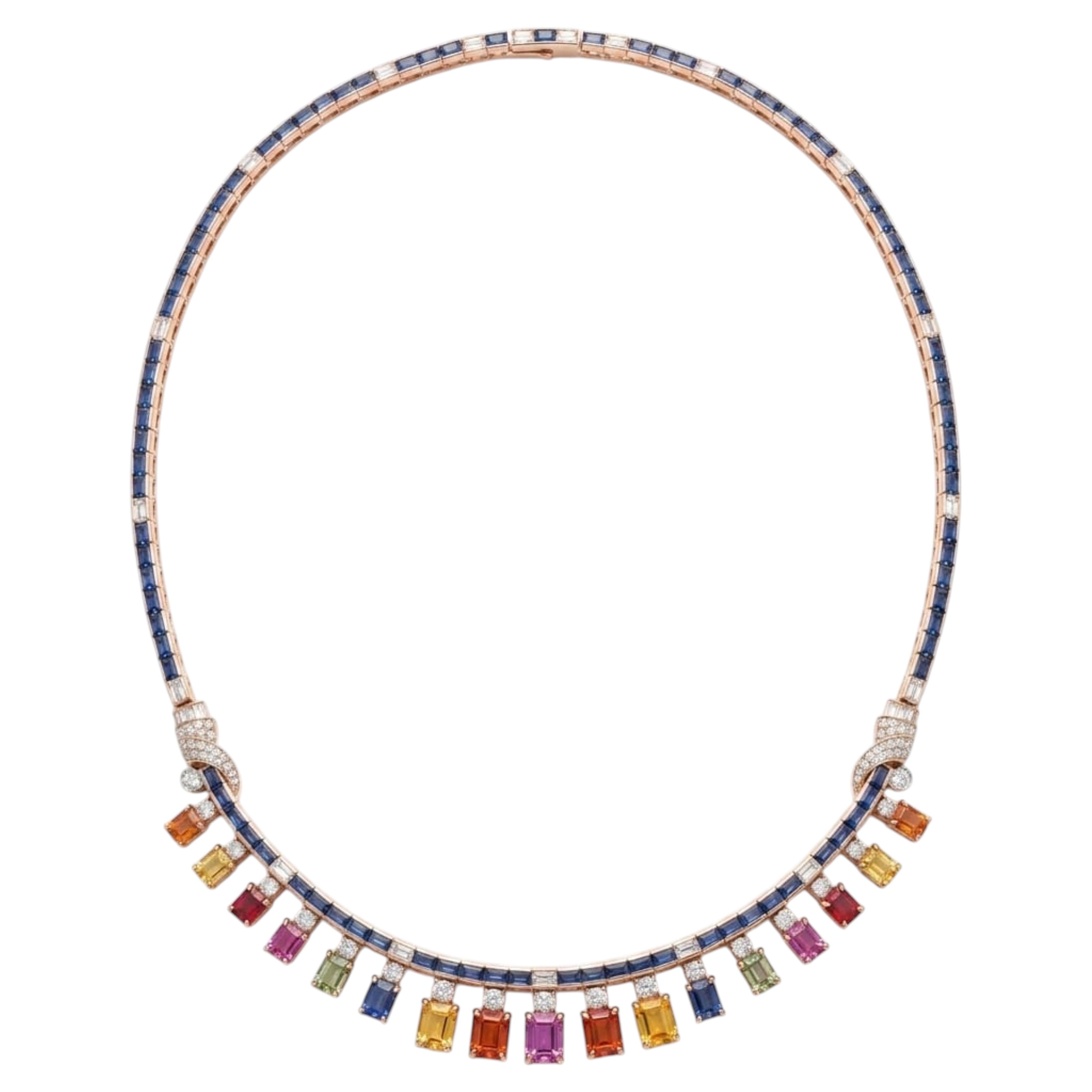 Elegant 18K Gold Necklace with 33.15ct Multi Sapphire, 3.56ct Diamonds