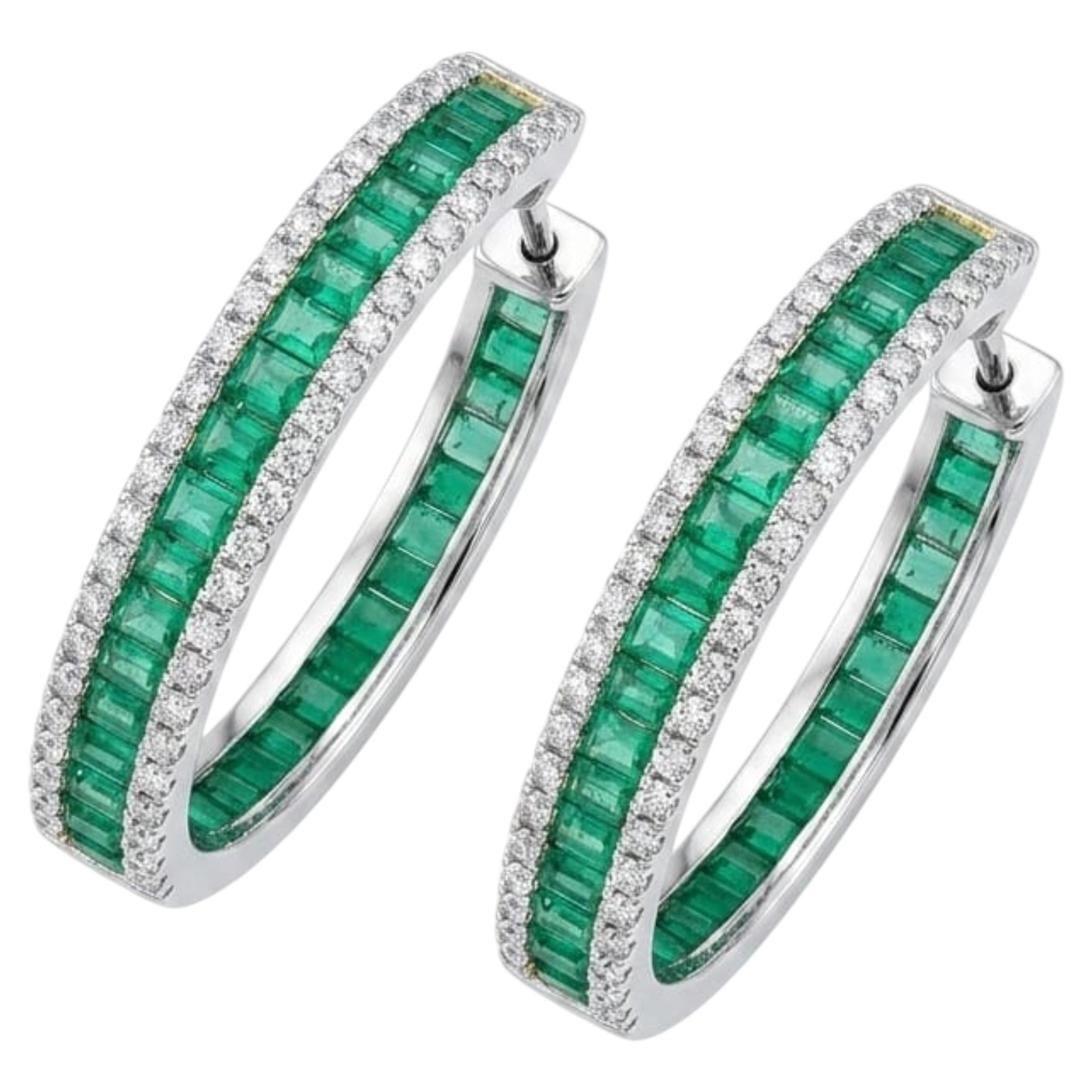 18K Gold Diamond 3.07ct Emerald Stud Earrings, New
