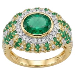 Natural 18K Gold Emerald Halo Ring with 0.77ct Diamonds, New Design