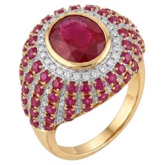Stunning 18K Gold Ruby & Diamond Halo Ring, 4.04ct Ruby, New