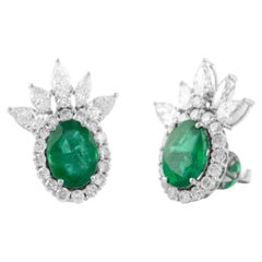 Natural 4CTS Emerald & 3.11CTS Diamond Stud Earrings in 10K Gold