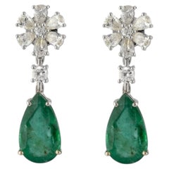 Natural Emerald & Diamond Stud Earrings in 14k Gold, 5.59CTS & 1.48CTS
