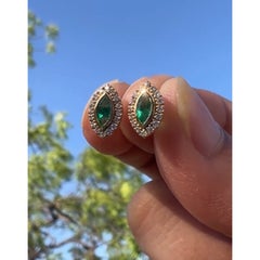 Natural Emerald & Diamond Stud Earrings in 14k Gold, 0.31CTS & 0.16CTS