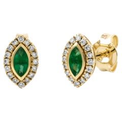 Natural Emerald & Diamond Stud Earrings in 14k Gold, 0.31CTS & 0.16CTS
