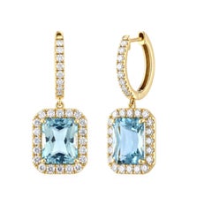 Natural 14K Gold 1.15cts Diamond & 6.96cts Aquamarine Stud Earrings