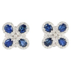 Natural 14K Gold 0.6CTS Diamond & 1.52CTS Blue Sapphire Stud Earrings