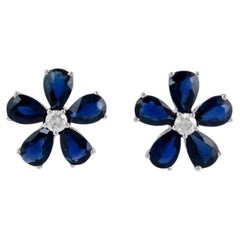 Natural 14K Gold 0.21CTS Diamond & 0.21CTS Blue Sapphire Stud Earrings