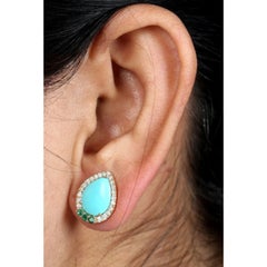 Natural 14K Gold Turquoise, Emerald & Diamond Stud Earrings