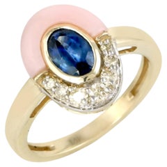 Natural Blue Sapphire, Pink Opal, & Diamond Ring in 14k Gold