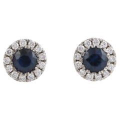 Natural 18K White Gold Blue Sapphire & Diamond Halo Stud Earrings