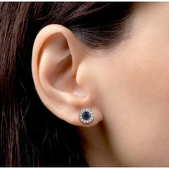 Natural 18K White Gold Blue Sapphire & Diamond Halo Stud Earrings