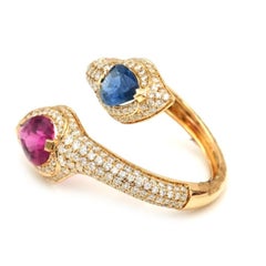 Natural Rubellite Tourmaline, Blue Sapphire, Diamond 14K Gold Pear Ring