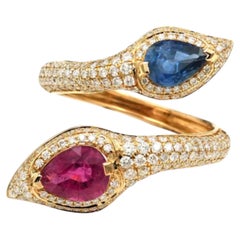 Natural Rubellite Tourmaline, Blue Sapphire, Diamond 14K Gold Pear Ring