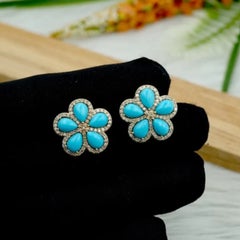 Natural Turquoise & Real Diamond 14k Solid Gold Earrings